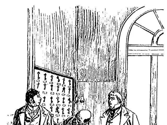 The image shows a black and white drawing of a man being carried out of a hospital, with two men...