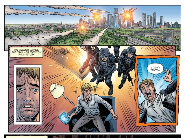 The image shows a page from a comic book with an image of a man in a suit and a woman in a dress,...