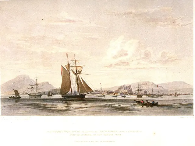 The image shows a group of boats floating on top of a body of water, with people in the boats. In...