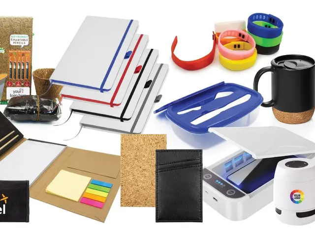 The image shows a white background with a variety of items, including books, pens, papers, a...