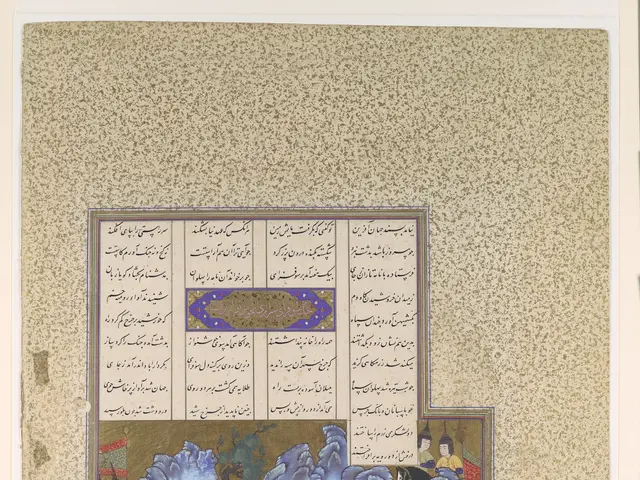 The image shows a page from a Shahnama book of kings of Shah Tahmasp, depicting a battle scene with...