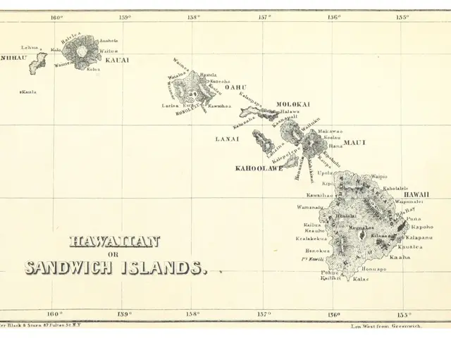 The image shows a poster of a map of the Hawaiian Islands, with text written on it. The map is...