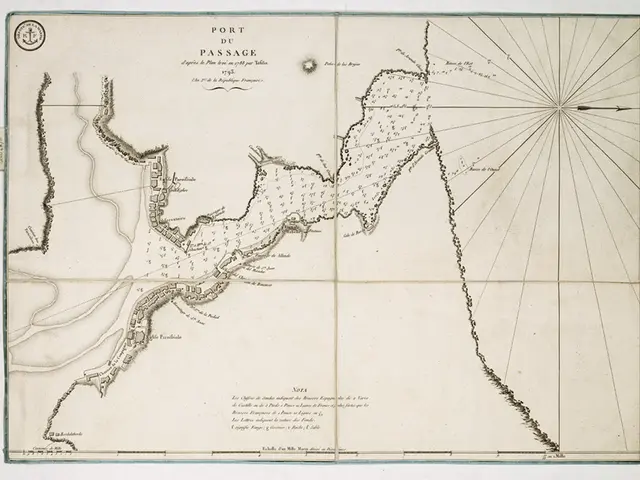 The image shows a paper with a map of the port of Passage, with text written on it. The map is...