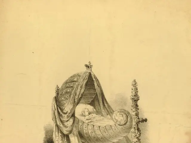The image shows a drawing of a baby in a cradle, with a cloth draped over it and the words "The...
