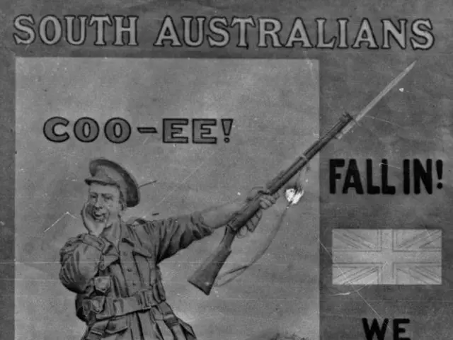The image shows a poster of a man standing and holding a gun, with the words "Come and Help Enlist...