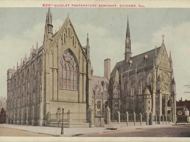 The image shows an old photo of a church in Chicago, Illinois, with buildings, poles, trees, and a...