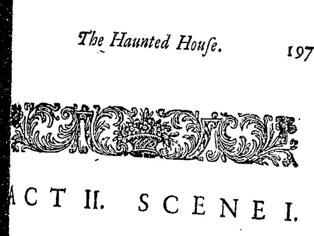 The image shows a black and white drawing of a scroll with the words "The Haunted House Act II...