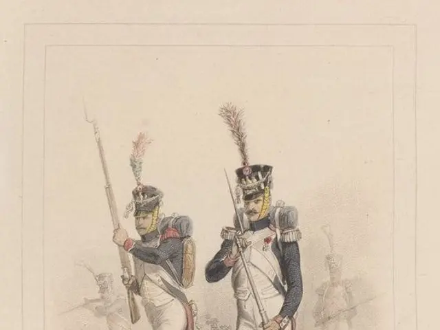 The image shows two men in uniform, one of them holding a rifle, standing in a grassy field with...