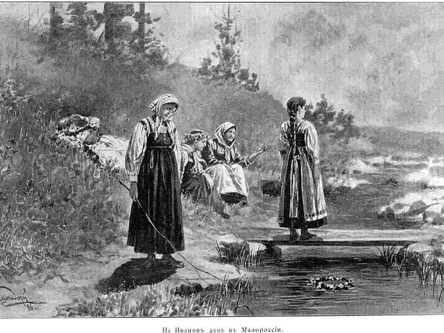 The image shows a group of women standing next to a river, with one of them holding a stick. In the...