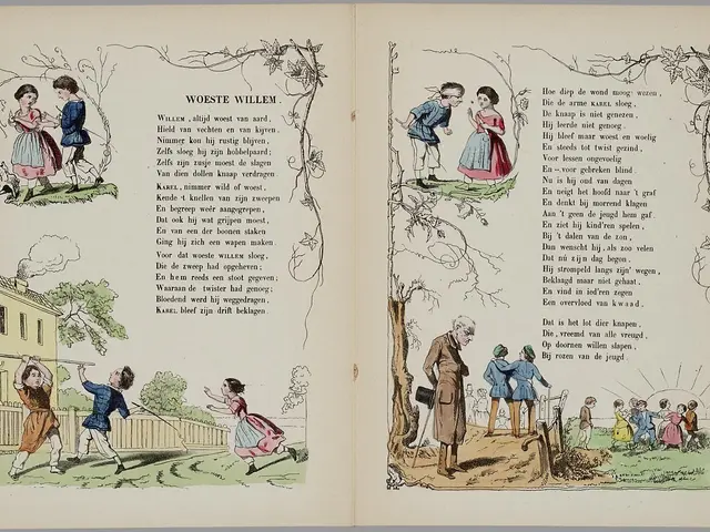 The image shows an open book with illustrations of children playing in the park. On the left side...
