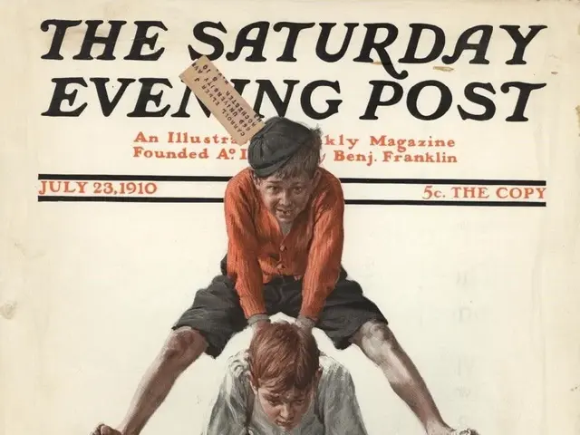 The image shows a Saturday Evening Post cover from July 23, 1910, depicting two boys playing...