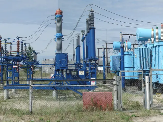 The image shows an electrical substation in the middle of a field, surrounded by transformers,...