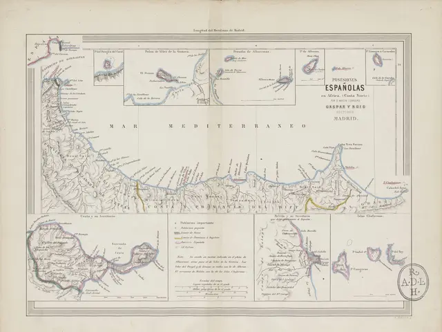 The image shows an old book with a map of Spain and the Mediterranean Sea on it. The map is...