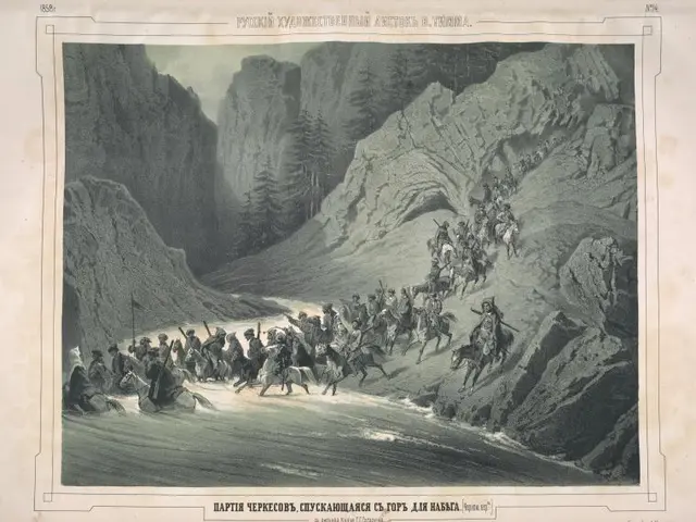 The image shows a group of people riding horses across a river, with hills and trees in the...