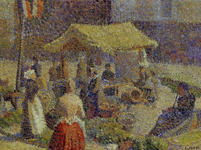 The image shows a painting of a market scene with people walking around, a house in the background,...