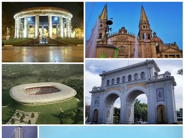 The image shows a collage of pictures of different buildings and monuments in Mexico City. At the...