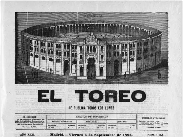 The image shows an old newspaper with a picture of a bullfight in the center, surrounded by...