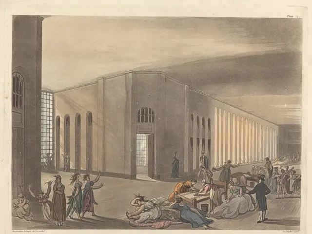 The image shows a drawing of a hospital with people in it. There are people standing and sitting on...