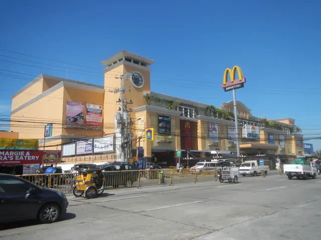 The image shows a McDonald's restaurant on the corner of a street, surrounded by buildings,...