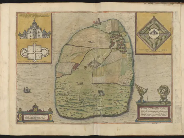 The image shows an open book with a map of a small island in the middle of it, surrounded by...