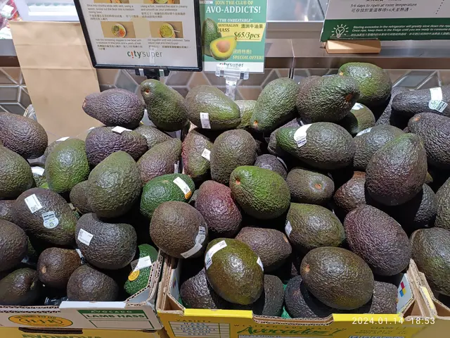 The image shows a pile of avocados sitting on top of a table, with price tags attached to the...