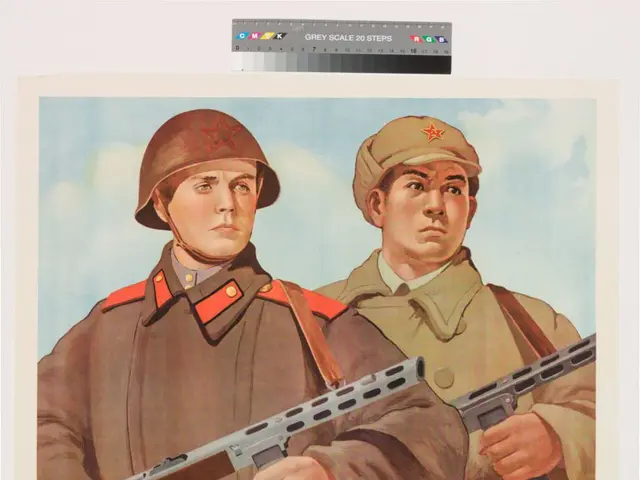 The image shows a propaganda poster for the Soviet Union featuring two men in military uniforms,...