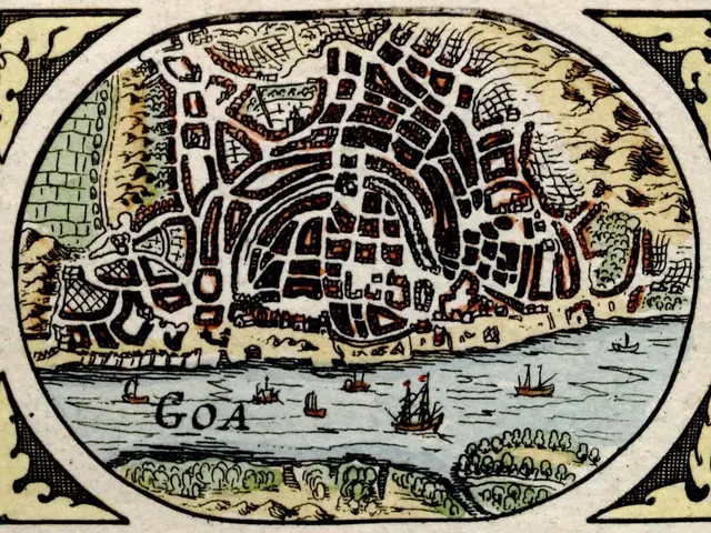 The image shows an old map of the city of Goa, with boats on the water and text at the bottom. The...