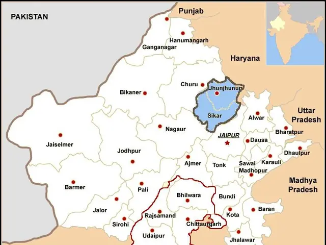 The image shows a political map of Uttar Pradesh, India, with the capital city of Jammu and Kashmir...
