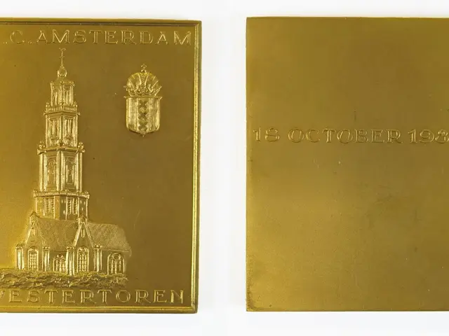 The image shows a gold plaque with a picture of a church on it, commemorating the anniversary of...