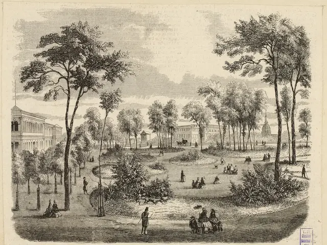 The image shows a park with trees, people, plants, grass, buildings, and a sky. At the bottom of...
