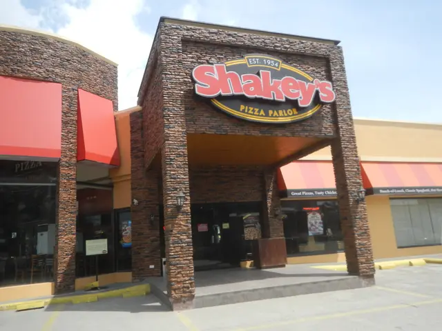 The image shows a Shakey's Pizza Parlor in Houston, TX, with a name board on the building, glass...