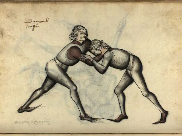 The image shows two men engaged in a wrestling match, depicted in a fine art print. The men are...