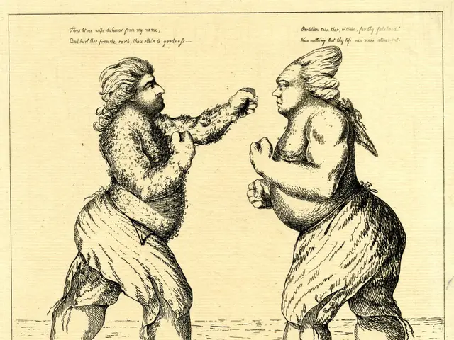 The image shows a paper with a drawing of two men engaged in a fight, with text written on it. The...