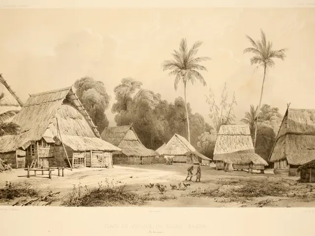 The image shows a village in the Philippines with huts, people, trees, and a sky in the background....