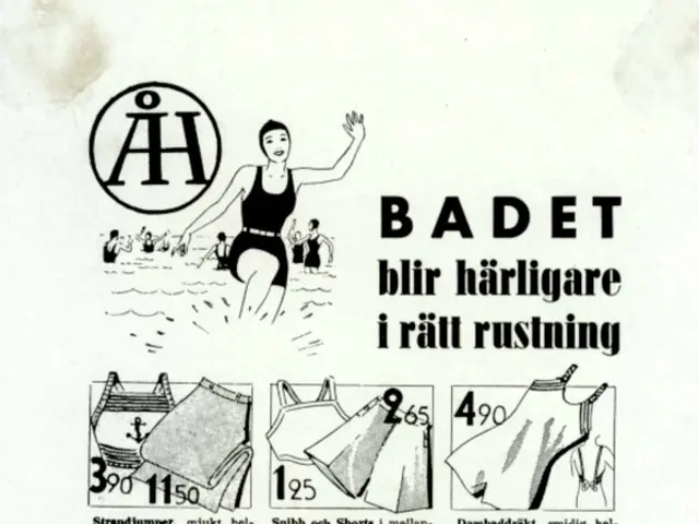 The image shows an advertisement for a bathing suit with a woman in the center, surrounded by...