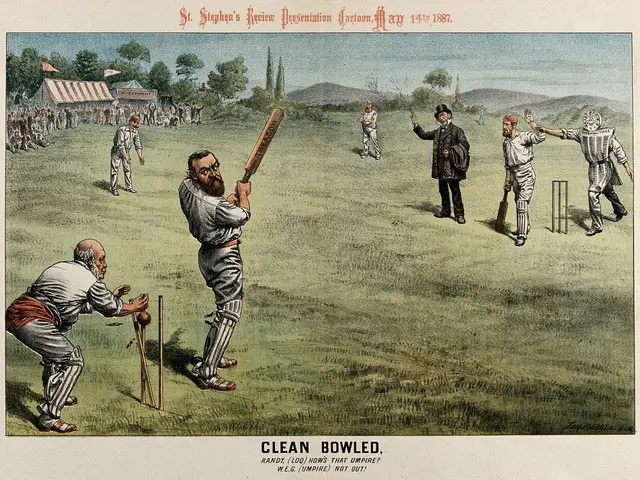 The image shows a group of men playing a game of cricket on a grassy field. One of the men is...