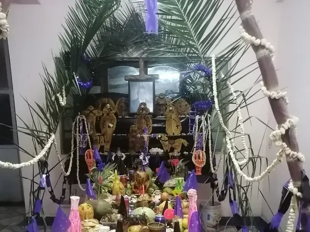 The image shows a table topped with plates of food and candles, surrounded by plants with flowers,...