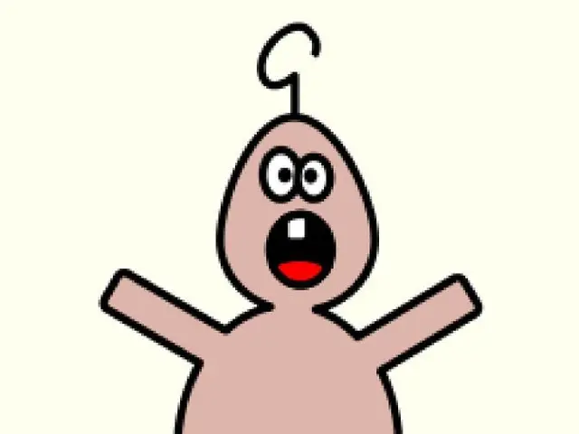The image shows a cartoon baby with a bandage wrapped around its body and a hanger attached to it....