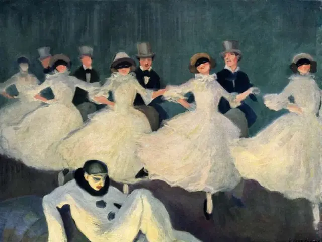 The image shows a painting of a group of people in white dresses and hats dancing on a stage, with...