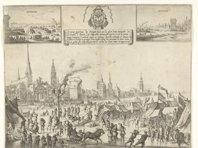 The image shows a drawing of a city with a lot of people in it. There are buildings, people,...