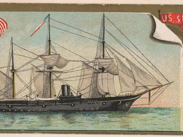The image shows an old cigarette card with a picture of a ship sailing on the water, with two flags...