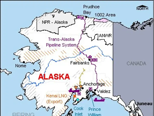 The image shows a poster with a map of Alaska, highlighting the trans-alaska pipeline system. The...
