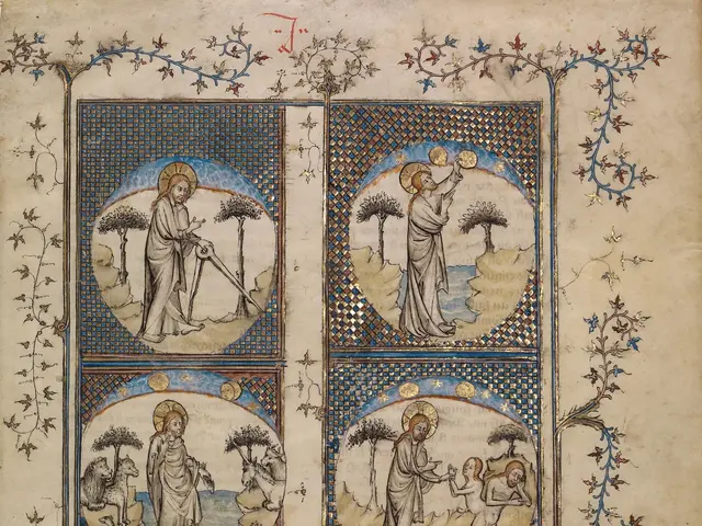 The image shows an illuminated manuscript with a depiction of Jesus and Mary Magdalene, surrounded...