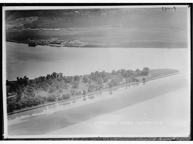 The image shows a black and white photo of Potomac Park in Washington, D.C. with a large body of...