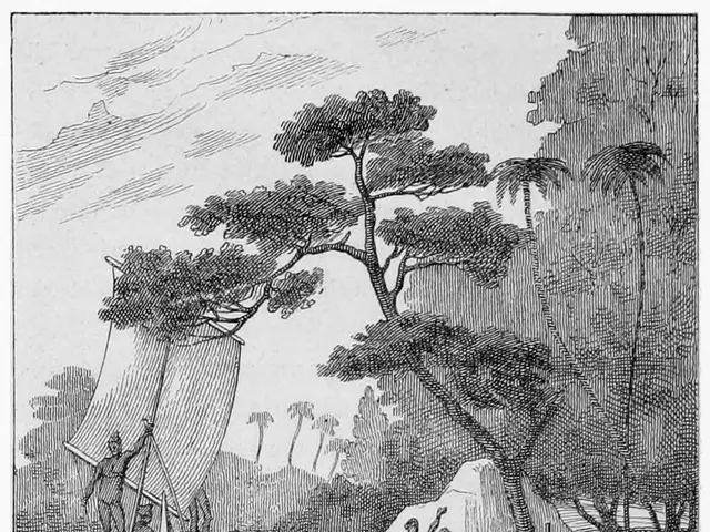 The image shows a black and white engraving of a group of people in a canoe on a river, surrounded...