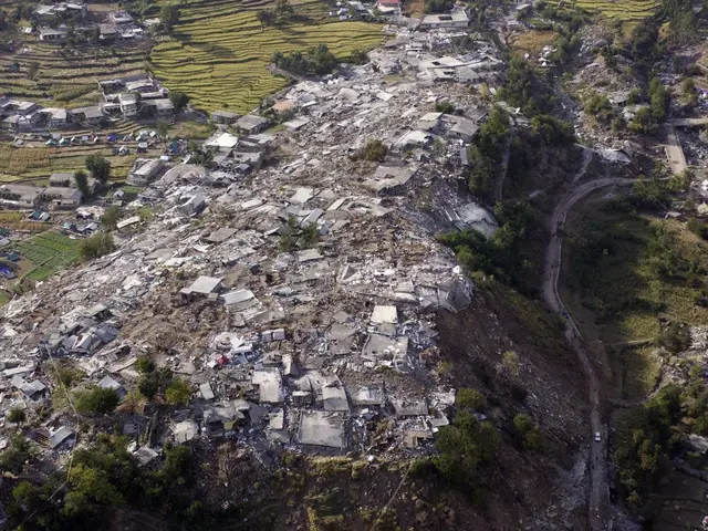 The image shows an aerial view of a devastated village in the Philippines, with houses, trees,...