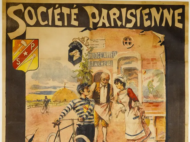 The image shows a poster advertising a bicycle race in Paris, France. It features a group of...