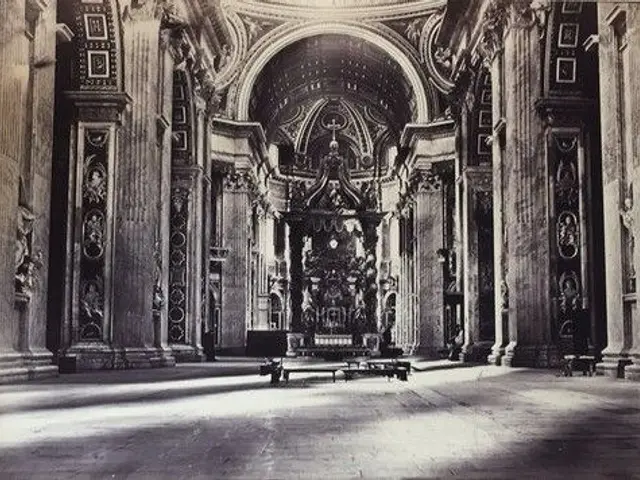 The image shows an old black and white photo of the interior of St. Peter's Basilica in Rome,...