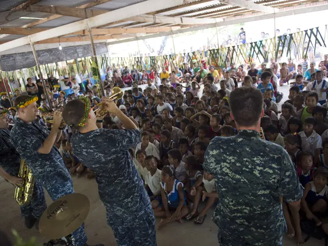 The image shows a group of men in military uniforms playing brass instruments in front of a crowd...