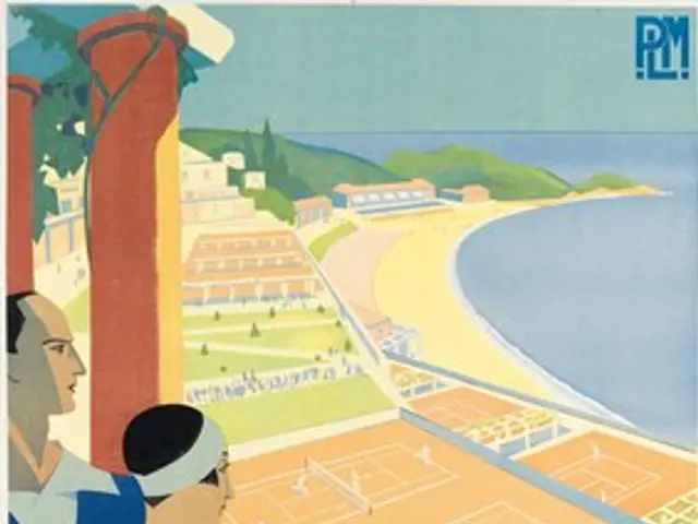 The image shows a poster advertising a tennis match in Monte Carlo, Italy. It features a man and a...